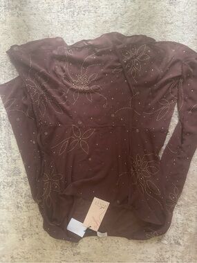Oh Polly Brown Embellished Floral Long Sleeve Top